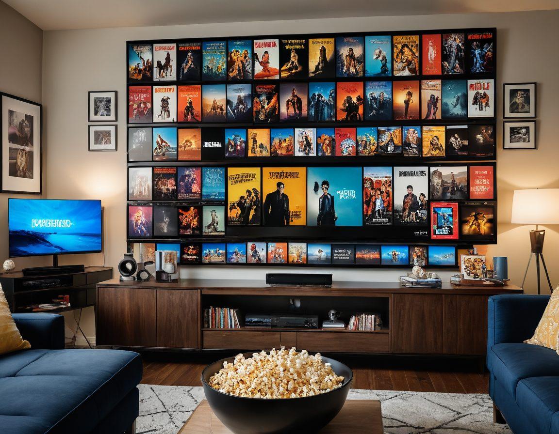 A cozy, inviting living room scene with a large, modern TV displaying a movie streaming interface filled with blockbuster and cult classic titles. Include shelves packed with DVDs and Blu-rays, a bowl of popcorn, and posters of iconic movies on the walls. The room should have warm lighting and a nostalgic, yet contemporary vibe. super-realistic. vibrant colors.
